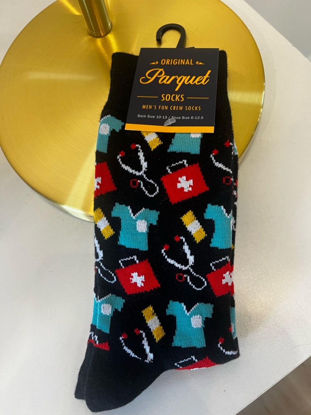 Parquet Men's Black Crew Socks with Medical Pattern